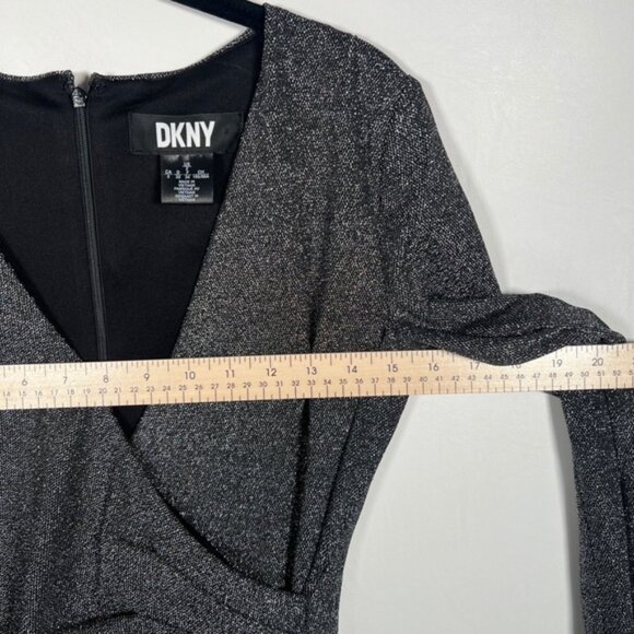 NWT DKNY Metallic-Knit Surplice Ruched Skirt Faux Wrap Mini Silhouette Dress Sz2 - Picture 9 of 16